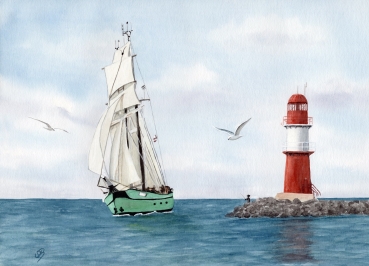 Poster DIN-A4 Aquarell Maritim Kunst Druck Kunstdruck Ostsee Leuchtturm Warnemünde Ostmole rot Mole Molenfeuer  Rostock